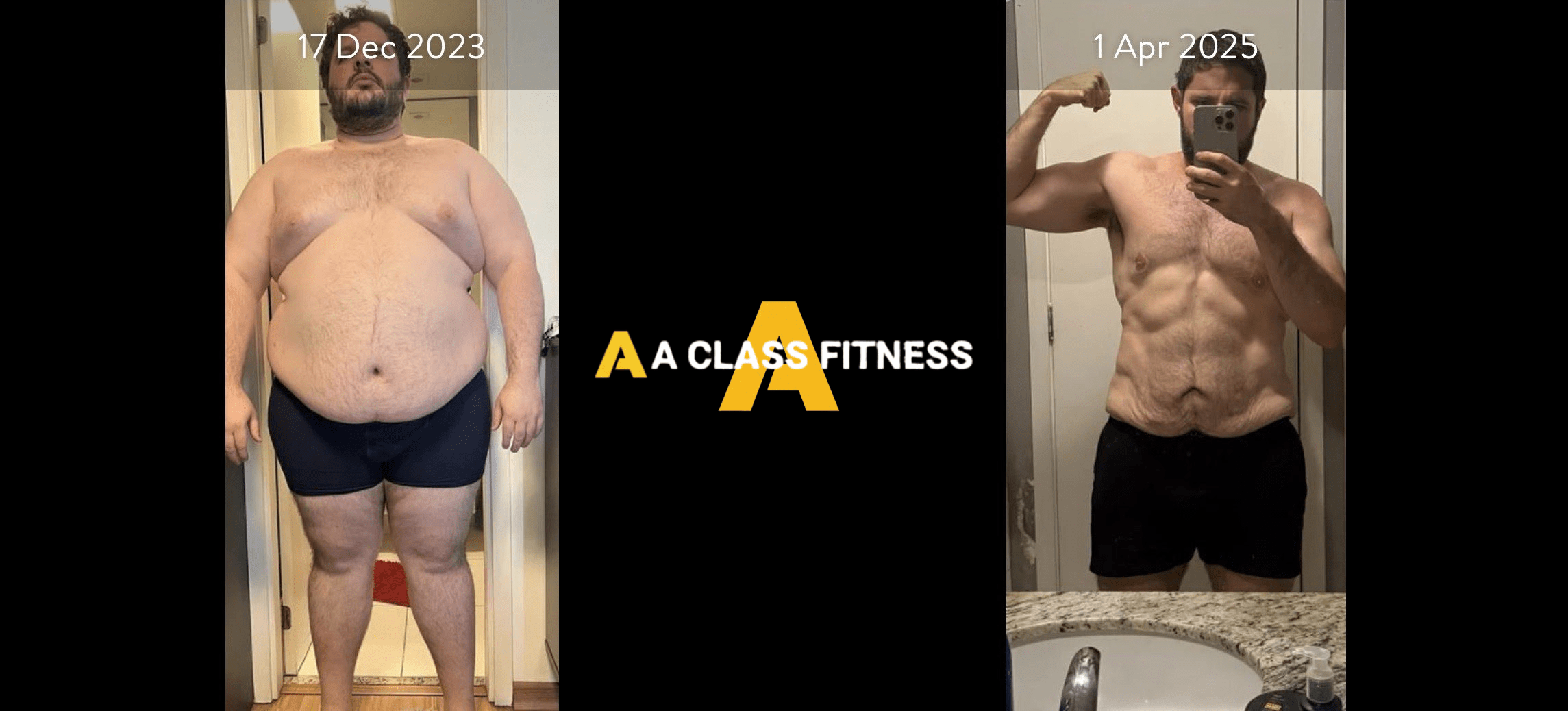 A-Class Fitness online personal training male client transformation. Client lost over 80lbs and did a complete body recompositing and gained a lot of muscle in 1 year and 4 months using the mobile fitness app for a-class fitness. The photo has the a-class fitness logo in the middle. It also has the client's start and end date at the top.