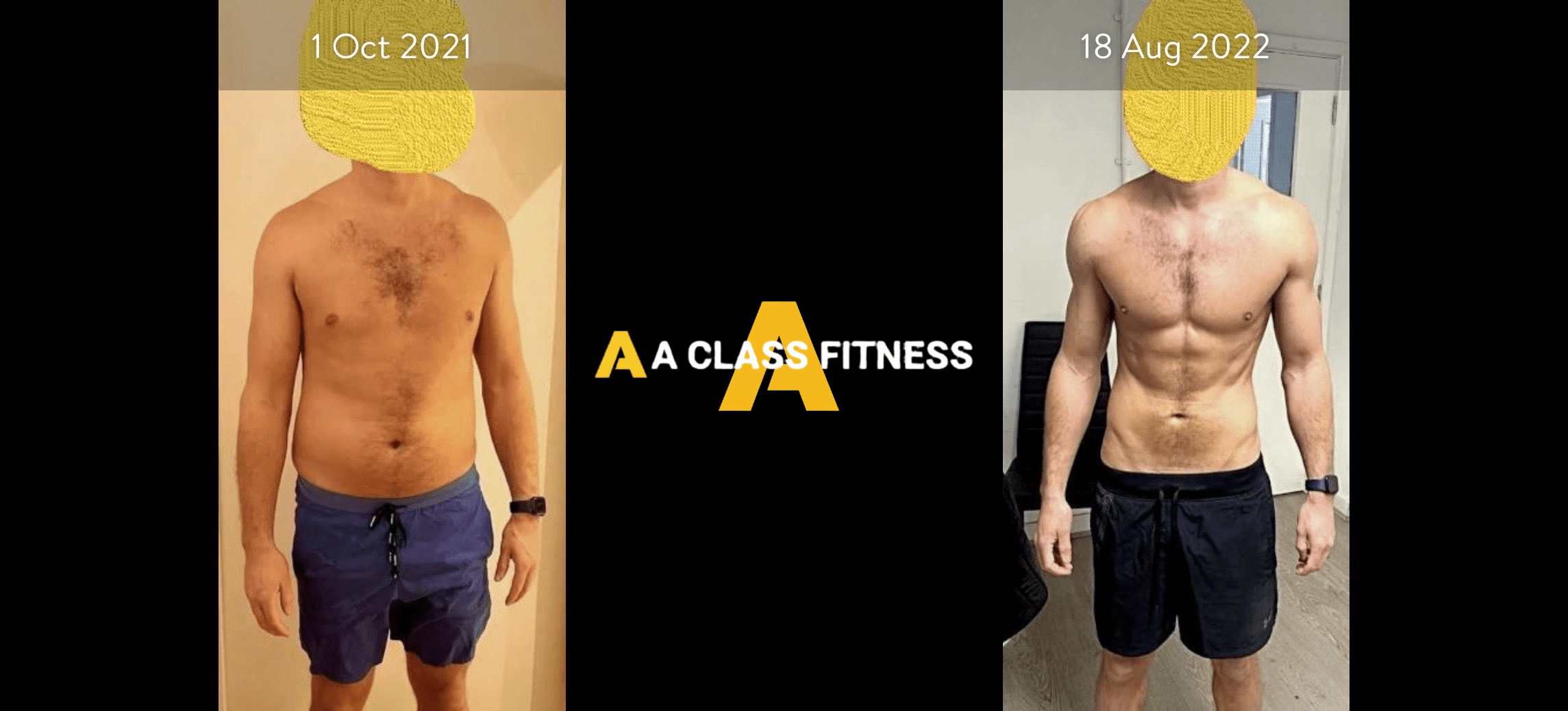 A-Class Fitness online personal training male client transformation. Client did a complete body transformation using the mobile fitness app for a-class fitness. The photo has the a-class fitness logo in the middle. It also has the client's start and end date at the top.