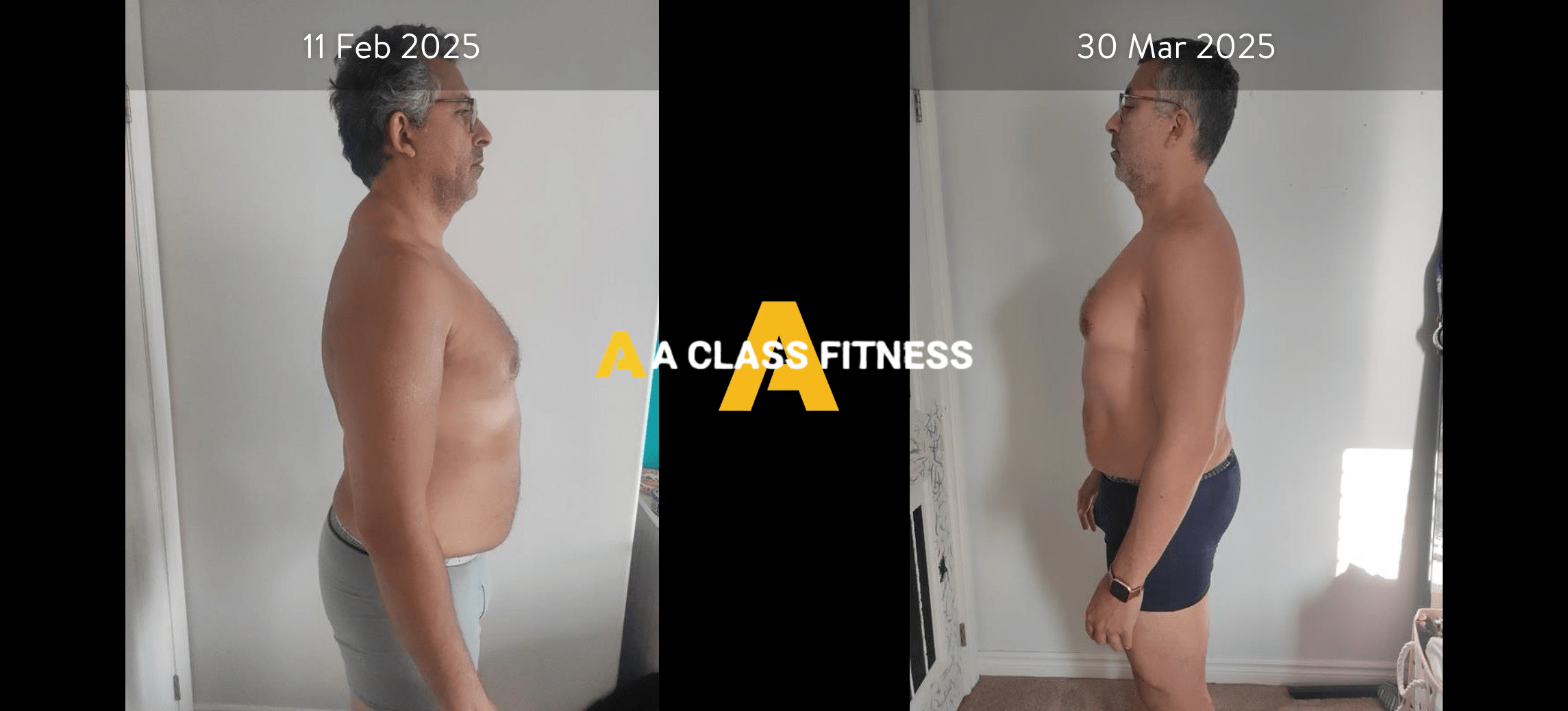 Male online health and fitness coaching before and after photos of a transformation that around 20lbs in a month and 3 weeks with the A-Class Fitness logo between both images. Client's side is facing the camera.