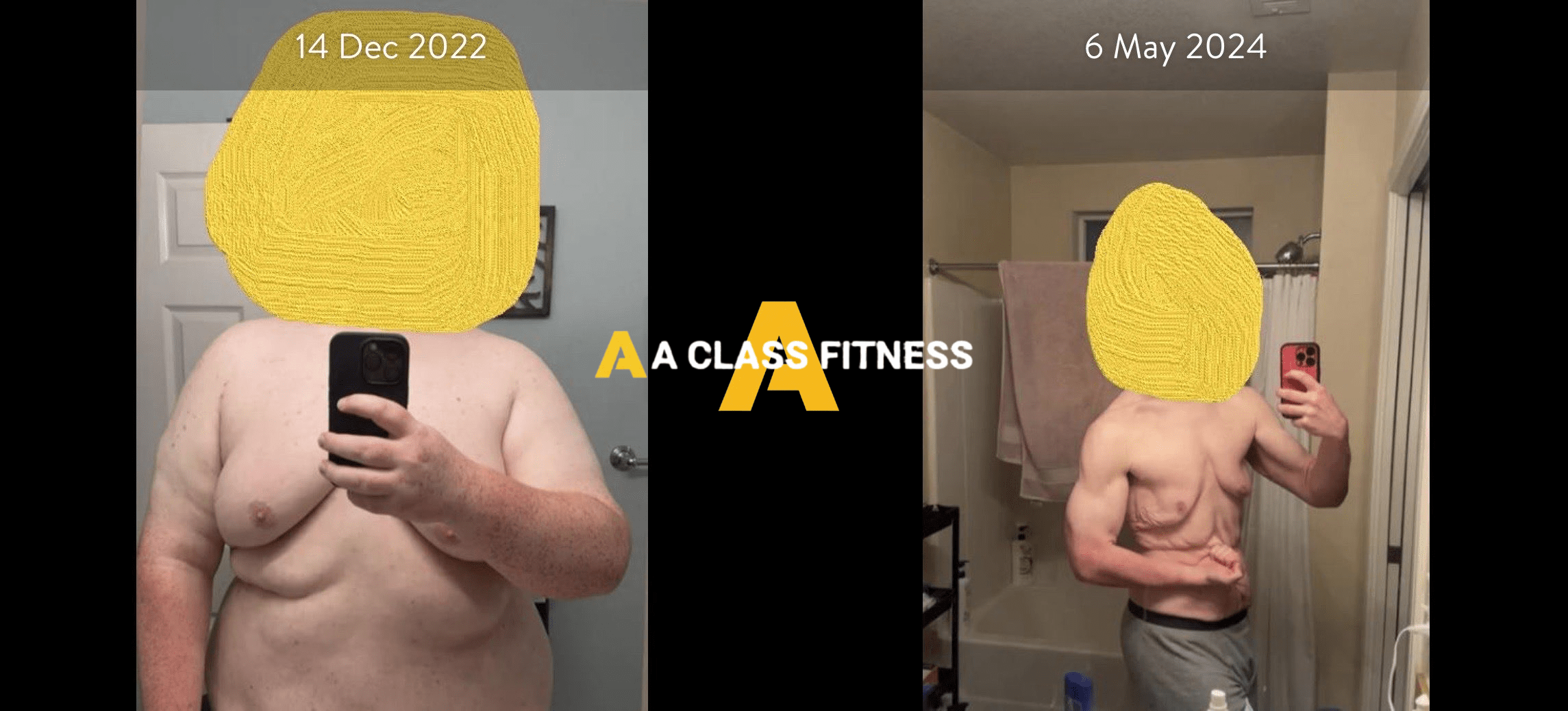 A-Class Fitness online personal training male client transformation. Client lost over 90lbs in 1 year and 5 months using the mobile fitness app for a-class fitness. The photo has the a-class fitness logo in the middle. It also has the client's start and end date at the top.
