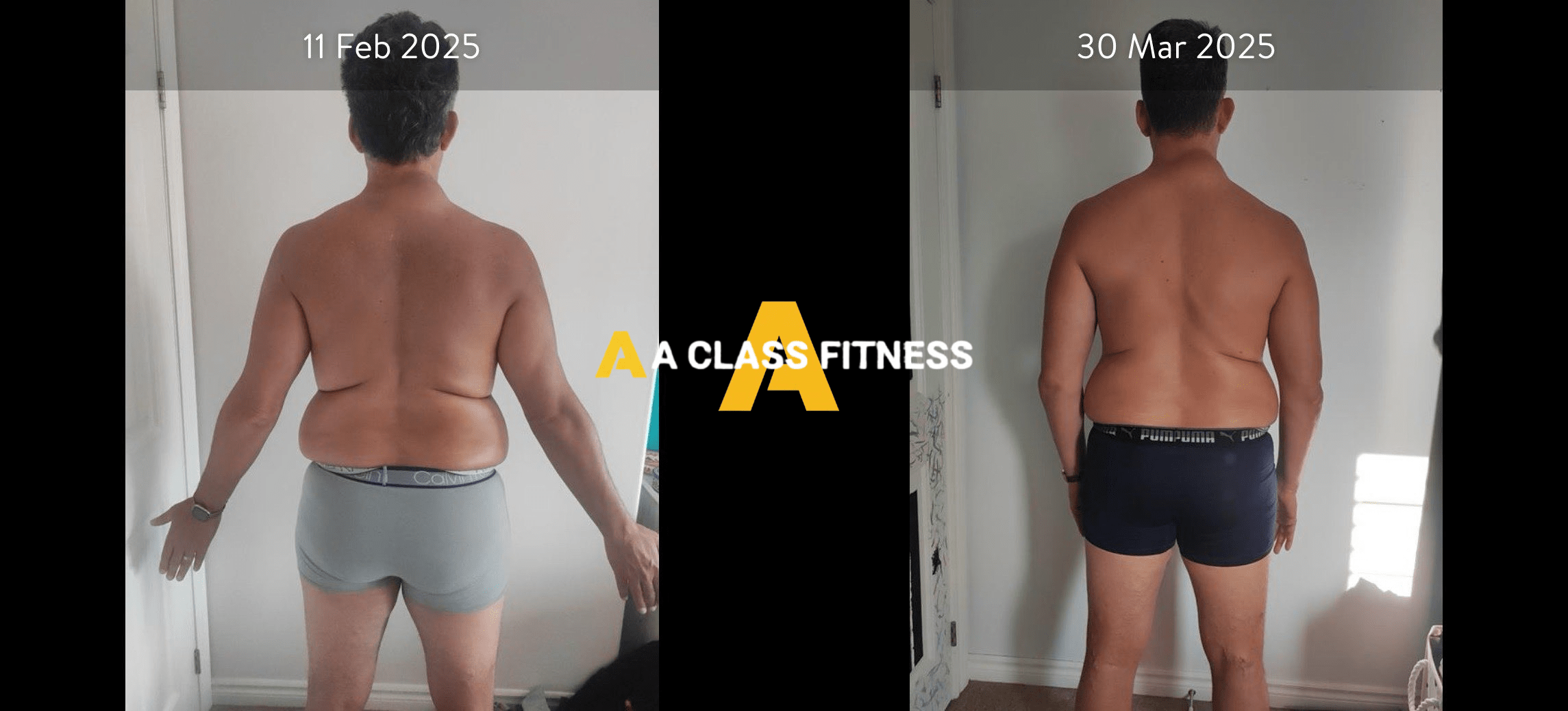 Male online health and fitness coaching before and after photos of a transformation that around 20lbs in a month and 3 weeks with the A-Class Fitness logo between both images. Client's back is facing the camera.