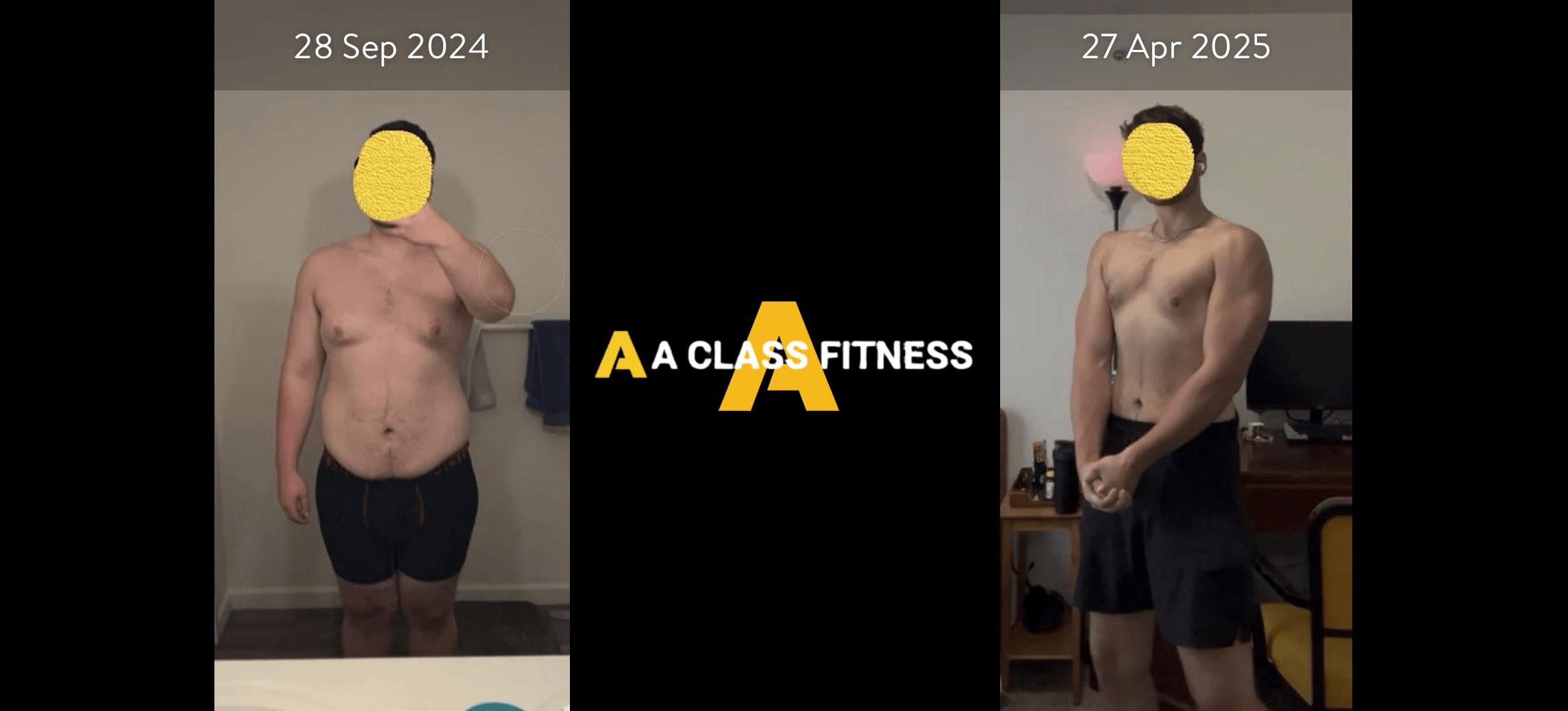 A-Class Fitness online personal training male client transformation. Client lost over 40lbs in 8 months and put on an insane amount of muscle using the mobile fitness app for a-class fitness. The photo has the a-class fitness logo in the middle. It also has the client's start and end date at the top.
