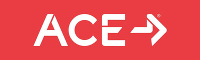 White 'ACE' logo with an arrow on a red background