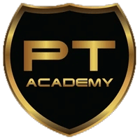 Shield-shaped logo with 'PT Academy' text on a black background