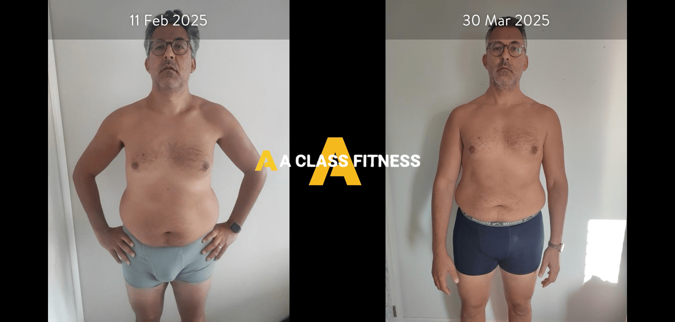 Male online health and fitness coaching before and after photos of a transformation that around 20lbs in a month and 3 weeks with the A-Class Fitness logo between both images. Client's front is facing the camera.