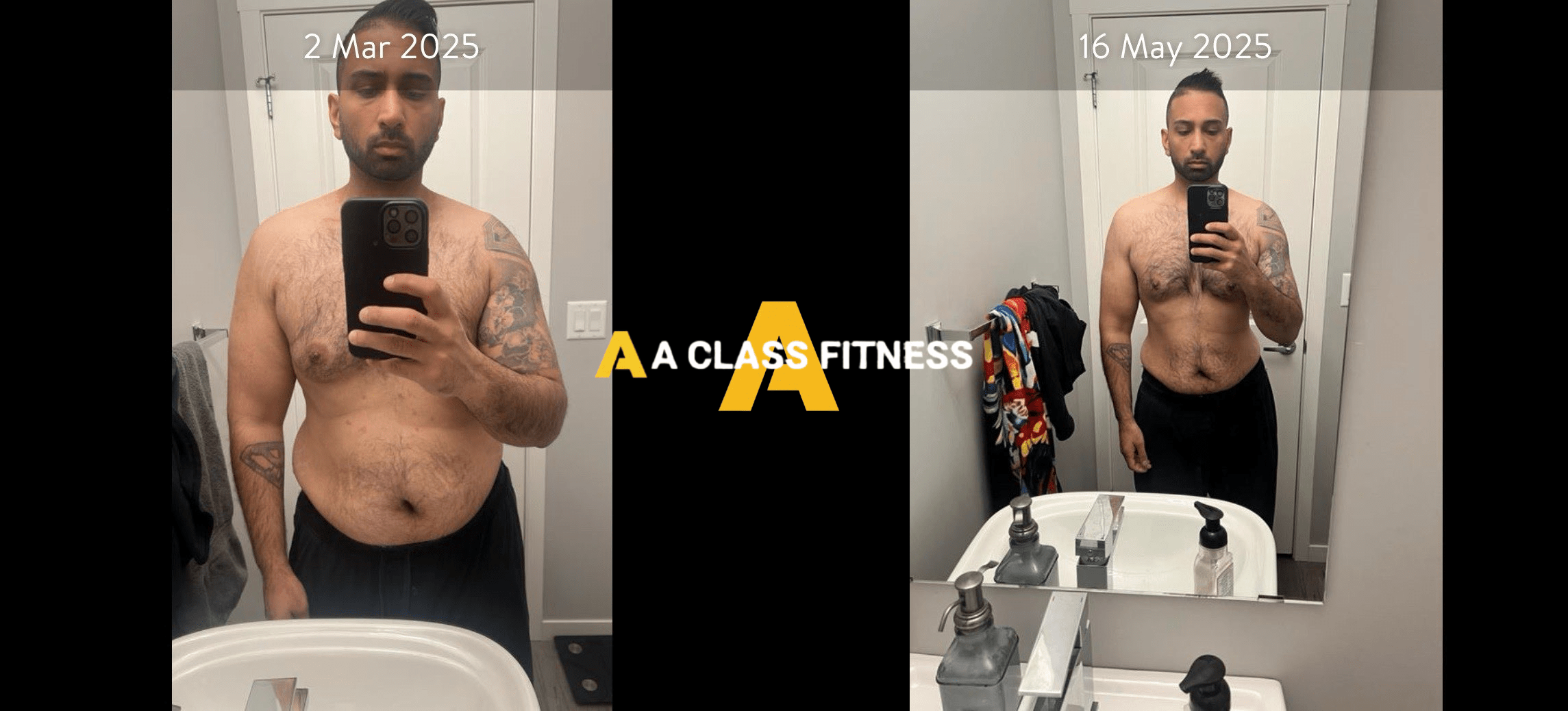 Male virtual fitness training before and after photos of a transformation thats around 2 months and the client lost a lot of weight, around 20lbs. The photo has the A-Class Fitness logo between both images. Client's front is facing the camera.