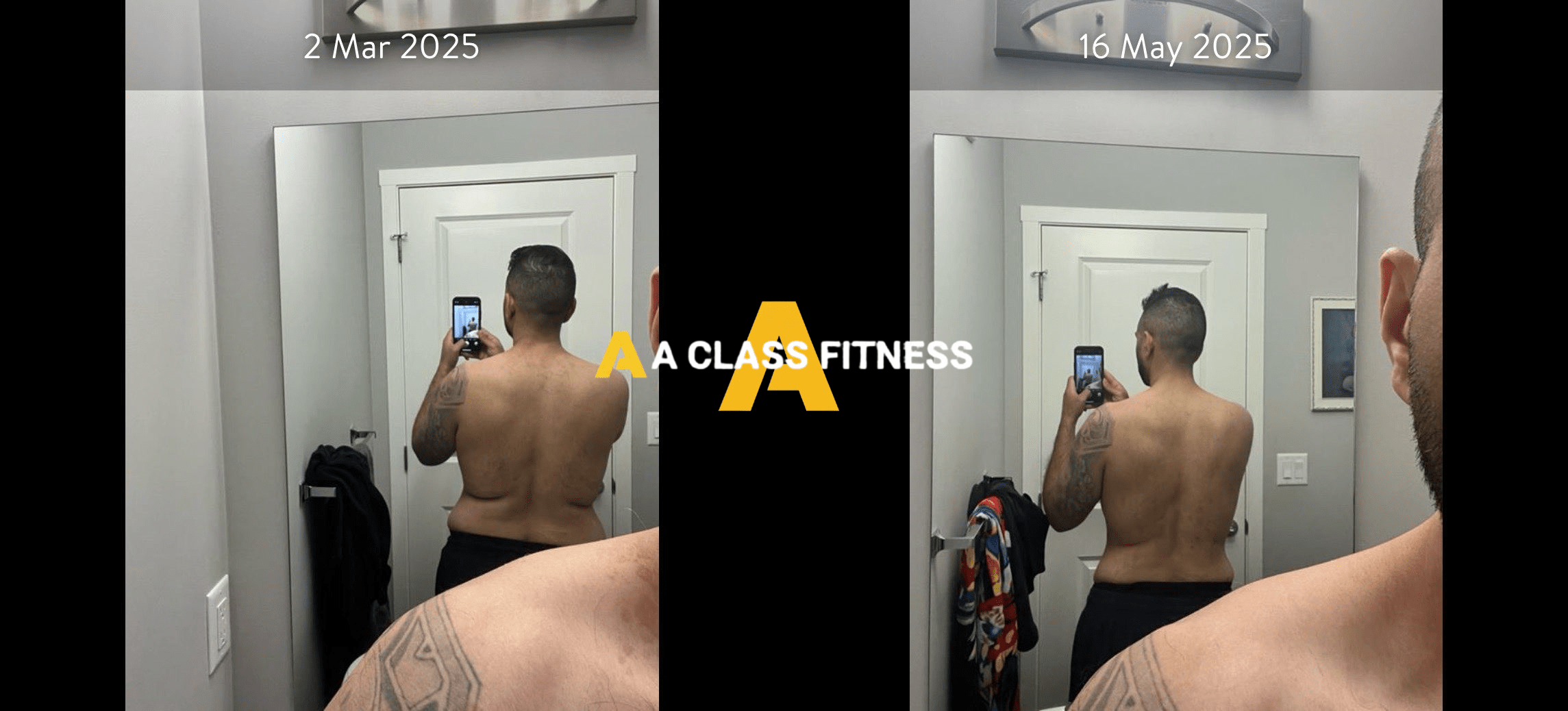 Male virtual fitness training before and after photos of a transformation thats around 2 months and the client lost a lot of weight, around 20lbs. The photo has the A-Class Fitness logo between both images. Client's back is facing the camera.