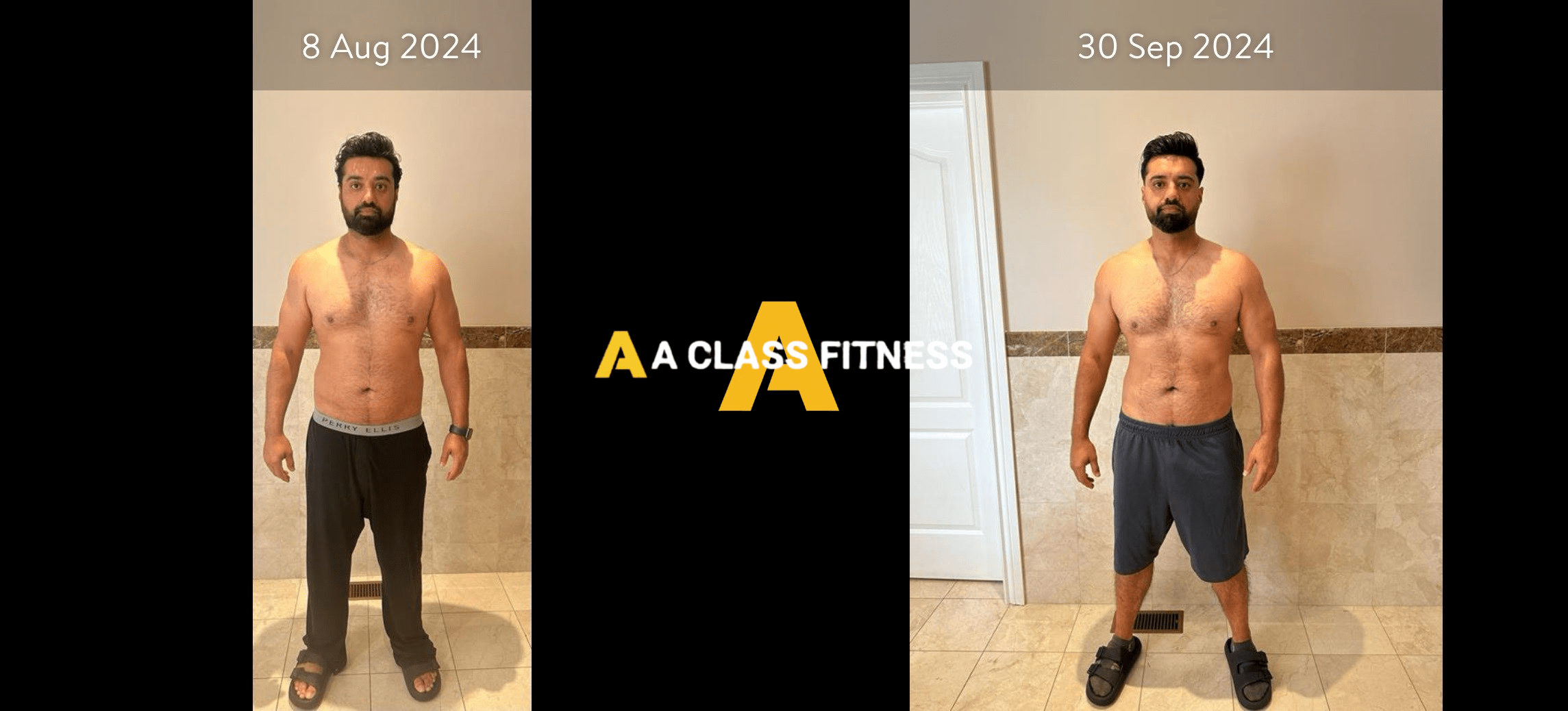 Male virtual fitness training before and after photos of a transformation thats around 2 months and the client lost fat, around 12lbs. And gained a lot of muscle. The photo has the A-Class Fitness logo between both images. Client's front is facing the camera.