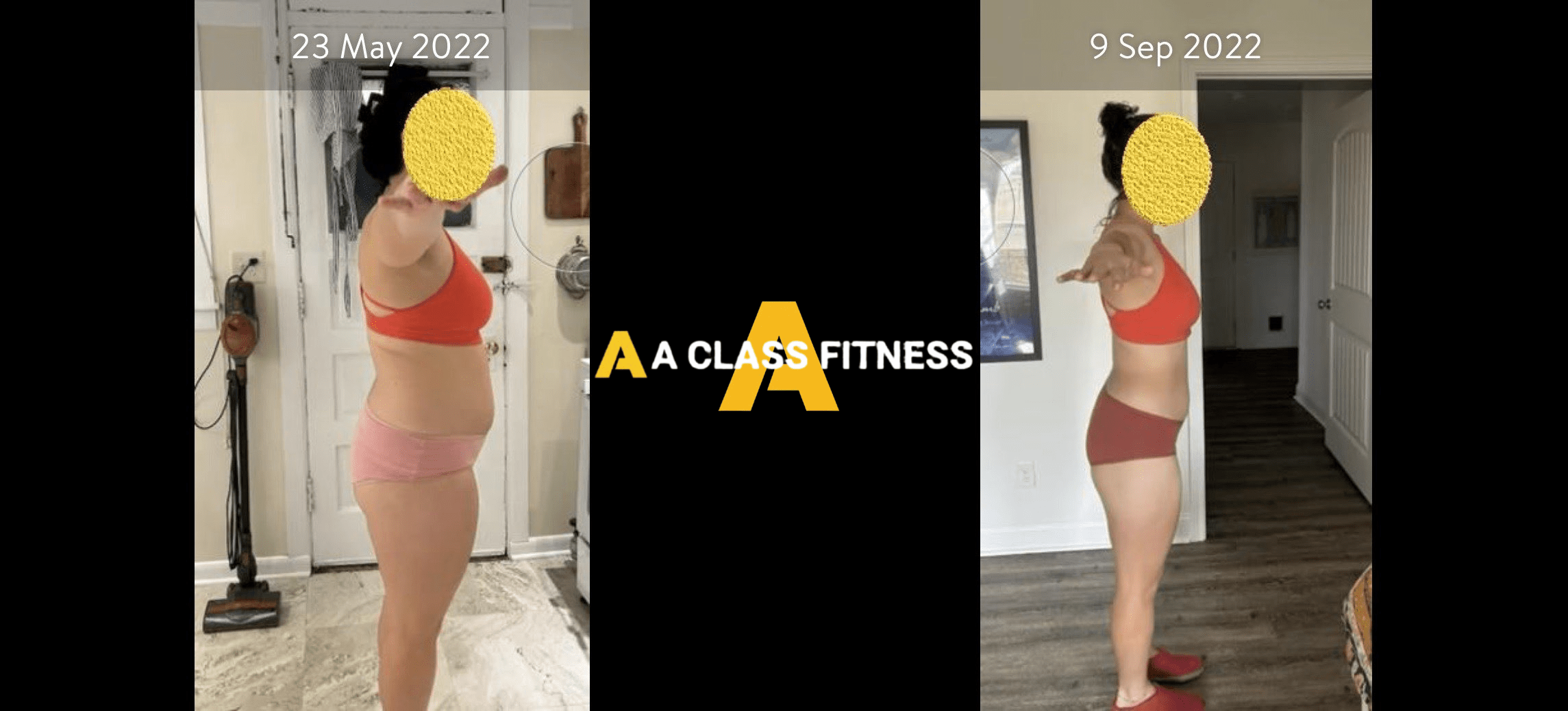 A-Class Fitness virtual personal training female client transformation. Client lost over 20lbs in 4 months using the mobile fitness app for a-class fitness. The photo has the a-class fitness logo in the middle. It also has the client's start and end date at the top.
