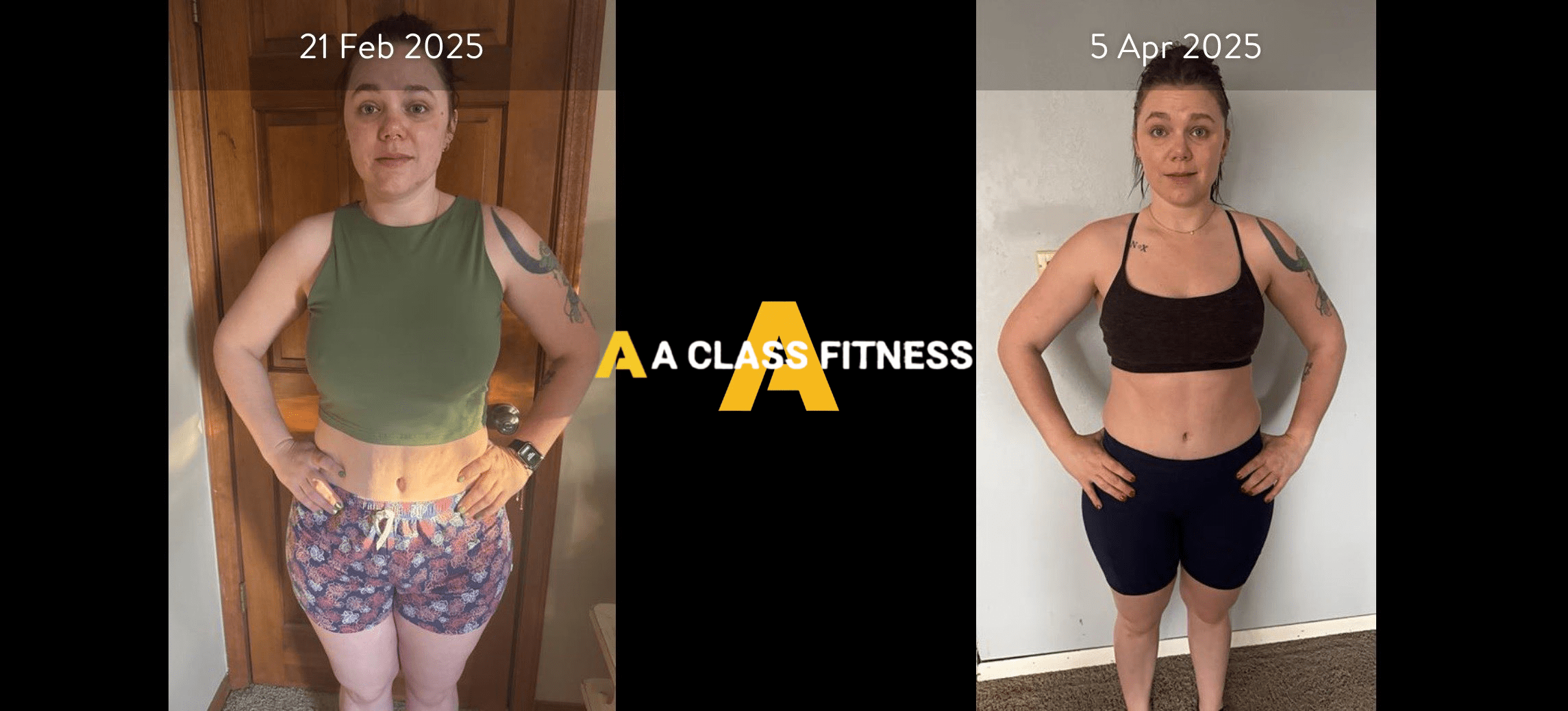 Female virtual personal trainings before and after photos of a transformation that lost a few lbs and lots of belly fat loss in a month and a half with the A Class Fitness logo between both images. Client's front is facing the camera.