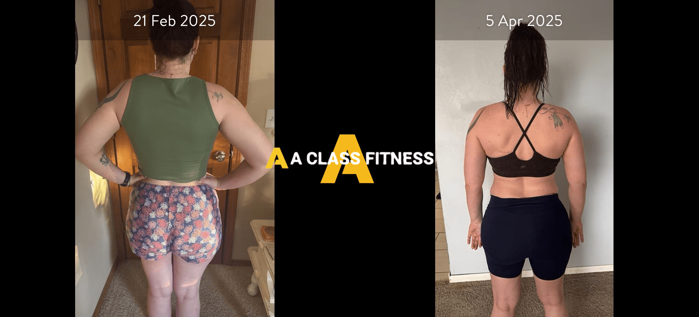 Female virtual personal trainings before and after photos of a transformation that lost a few lbs and lots of belly fat loss in a month and a half with the A Class Fitness logo between both images. Client's back is facing the camera.