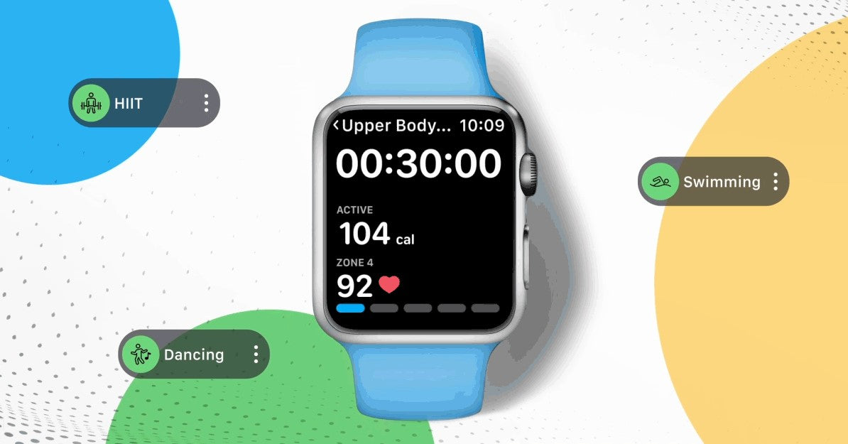 a-class fitness app which connects to the apple watch. the apple watch is a gif in the photo displaying what the app can do. with a white and yellow background.