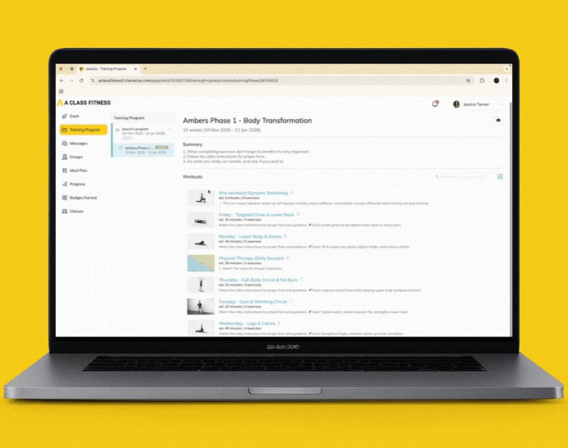 aclassfitness laptop displaying a fitness class program on a yellow background