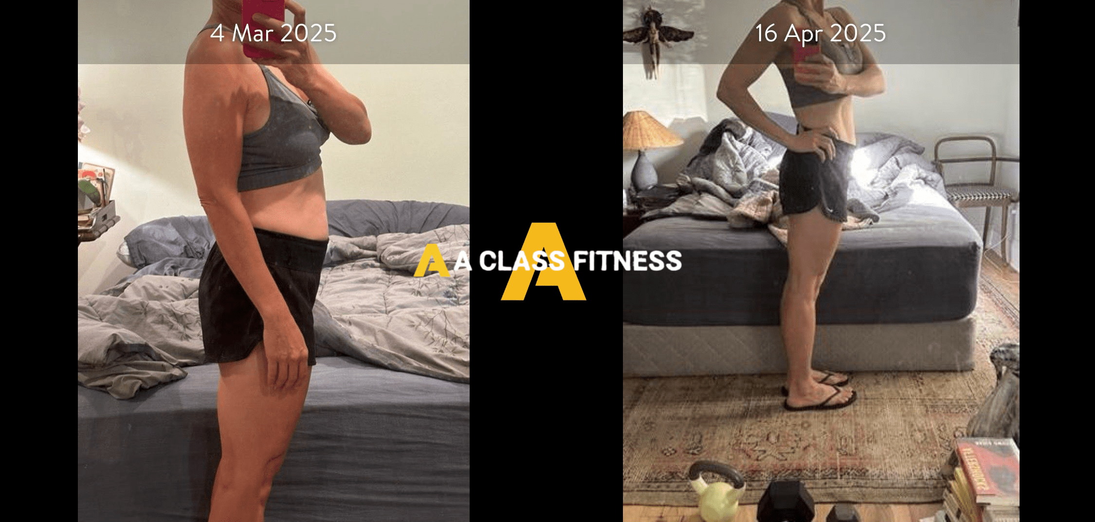 Female online personal training before and after photos of a transformation thats around 1 month and 2 weeks and the client lost fat, around 8lbs. And gained a lot of muscle. The photo has the A-Class Fitness logo between both images. Client's right side is facing the camera.