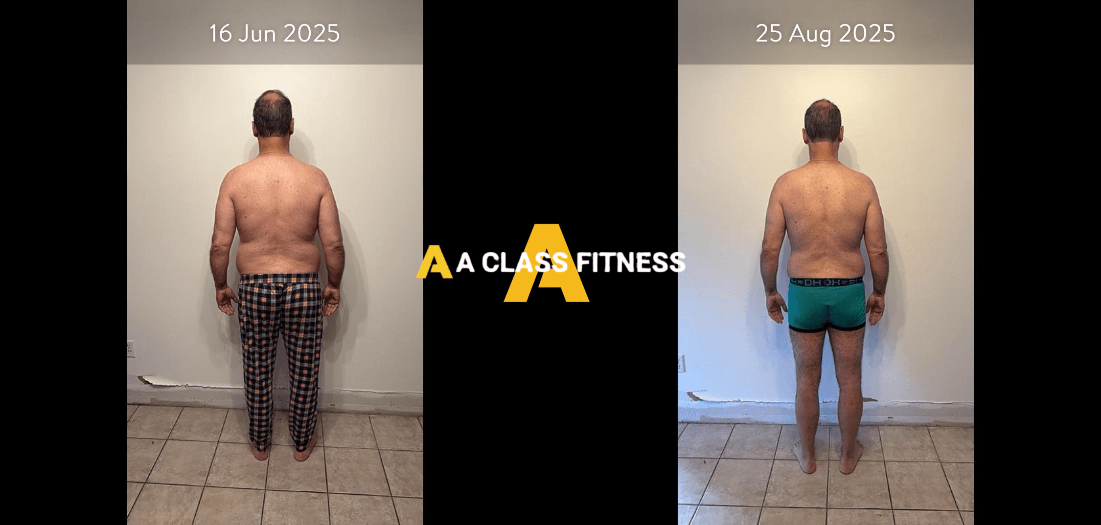 Male online personal trainings before and after photos of a transformation that lost 30lbs in 2 months with the A Class Fitness logo between both images. Client's back is facing the camera.