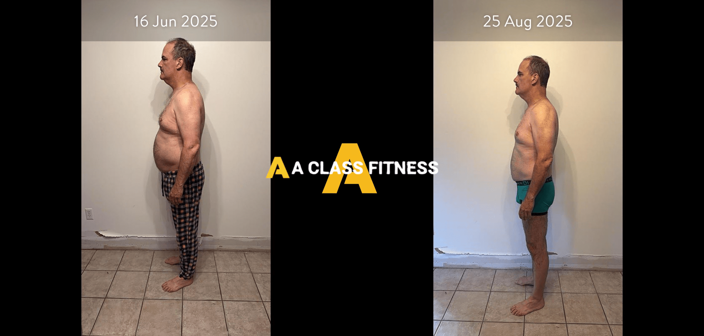 Male personal trainings before and after photos of a transformation that lost 30lbs in 2 months with the A Class Fitness logo between both images. Client's side is facing the camera.