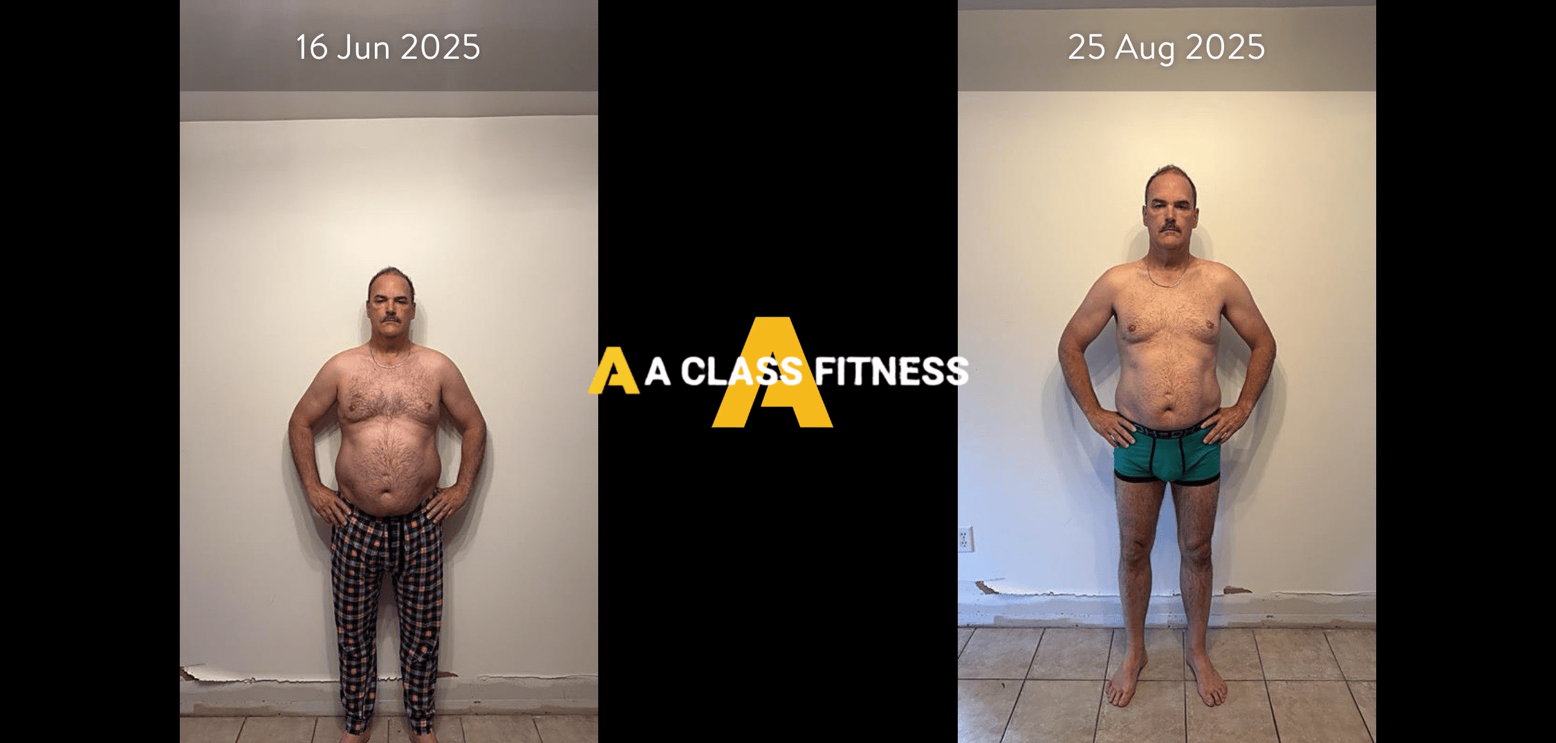 Male virtual personal trainings before and after photos of a transformation that lost 30lbs in 2 months with the A Class Fitness logo between both images. Client's front is facing the camera.