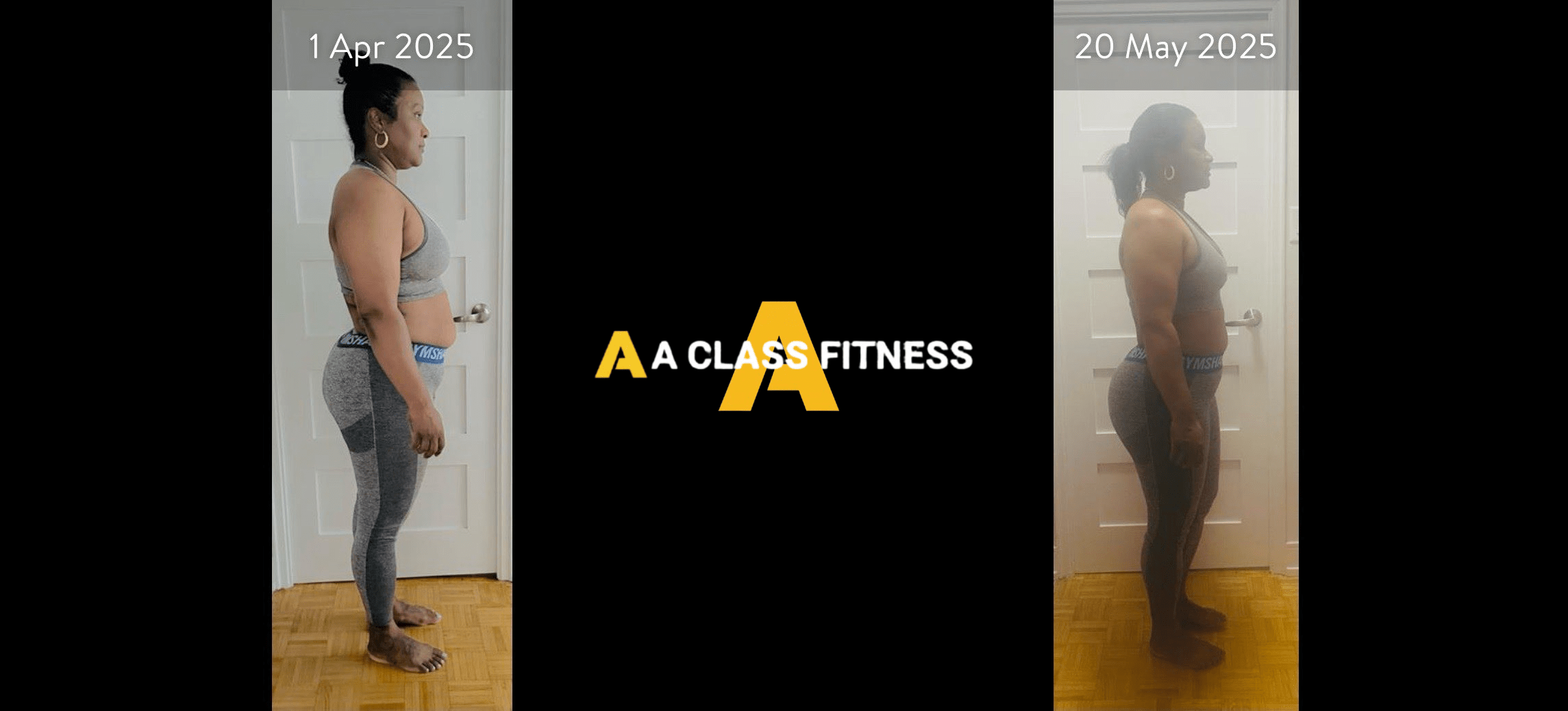 A-Class Fitness virtual personal training female client transformation. Client lost over 10lbs and gained a lot of muscle in 2 months using the mobile fitness app for a-class fitness. The photo has the a-class fitness logo in the middle. It also has the client's start and end date at the top.