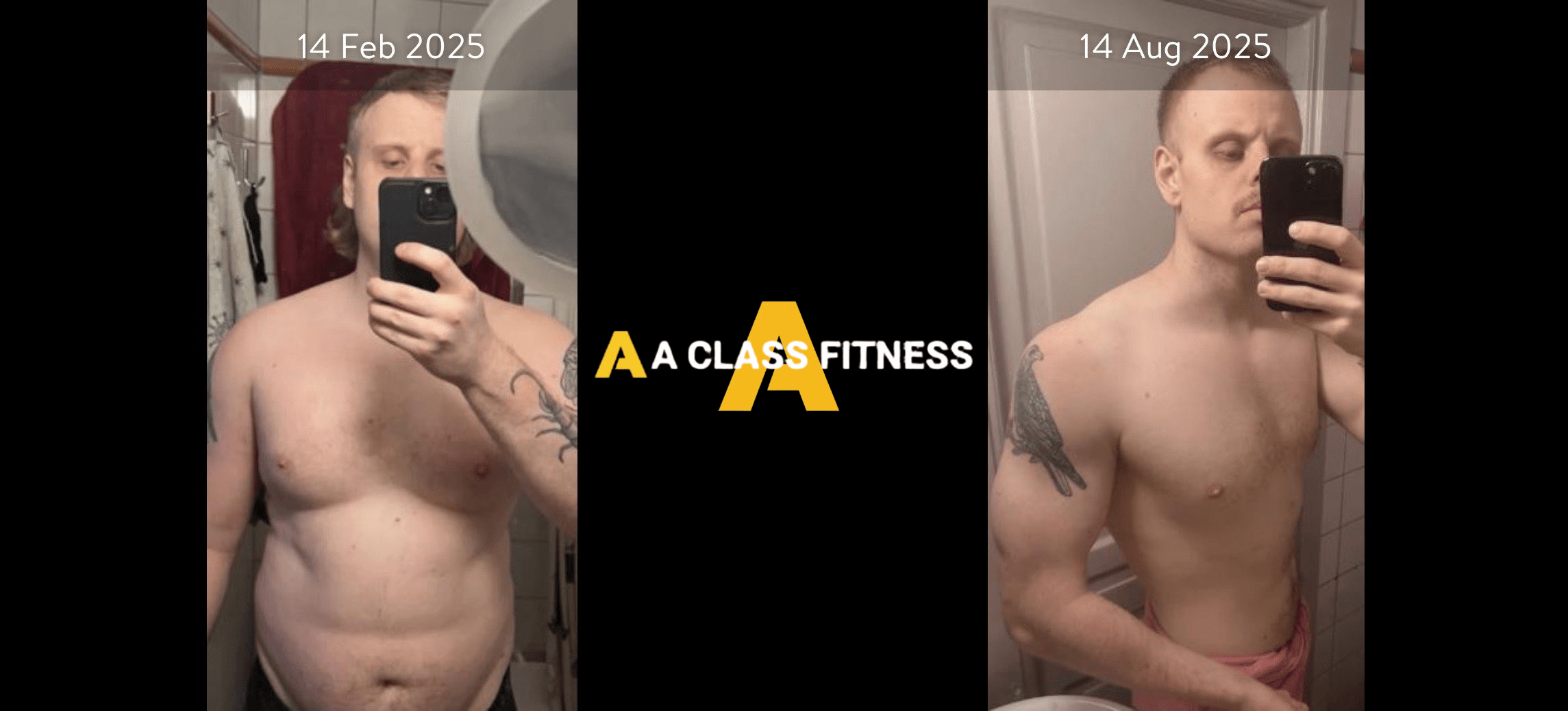 A-Class Fitness male online fitness coaching client who lost a lot of a lot of weight and gained a lot of muscle in 6 months using the mobile fitness app. The photo has the a-class fitness logo in the middle. It also has the clients start and end date at the top.