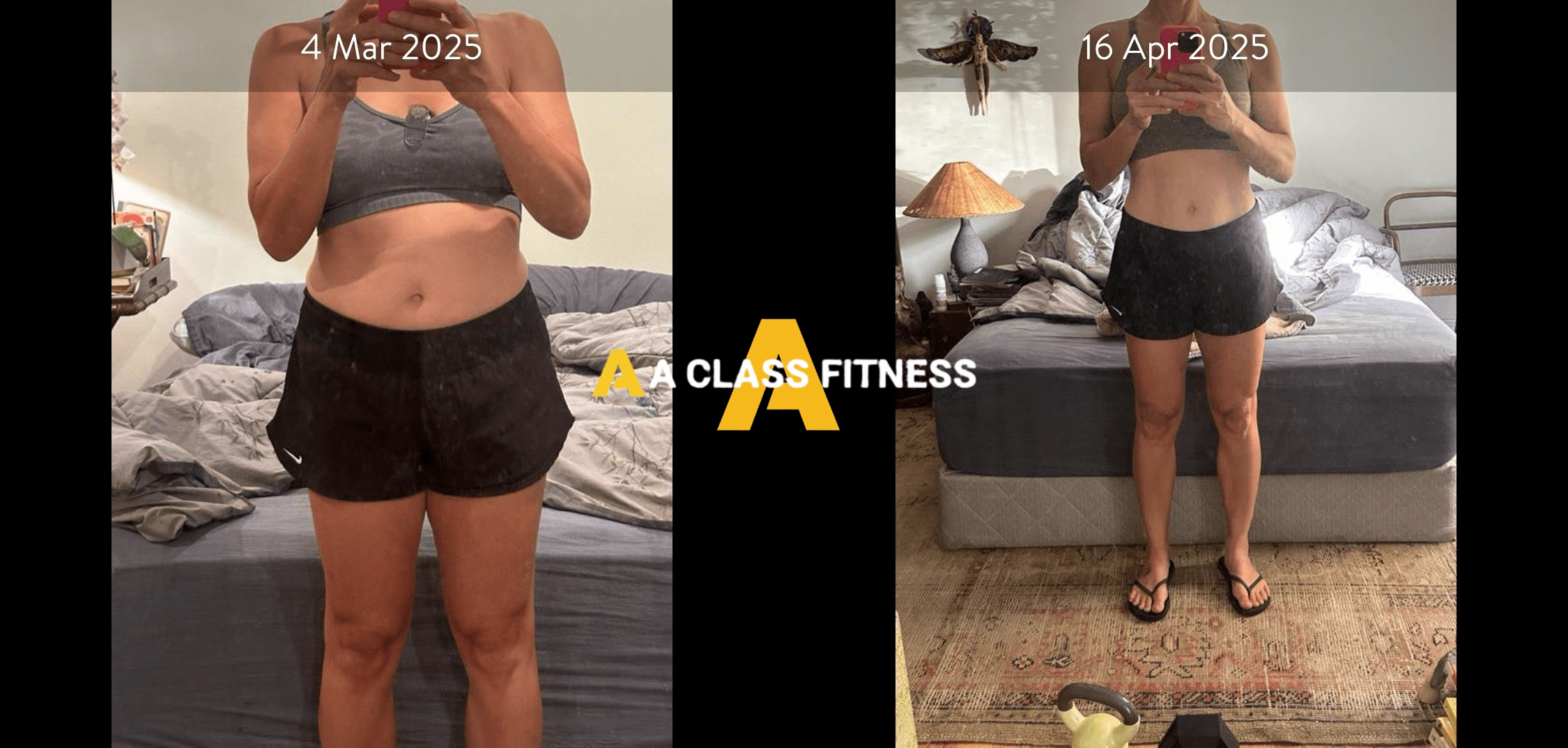 Female online personal training before and after photos of a transformation thats around 1 month and 2 weeks and the client lost fat, around 8lbs. And gained a lot of muscle. The photo has the A-Class Fitness logo between both images. Client's front is facing the camera.