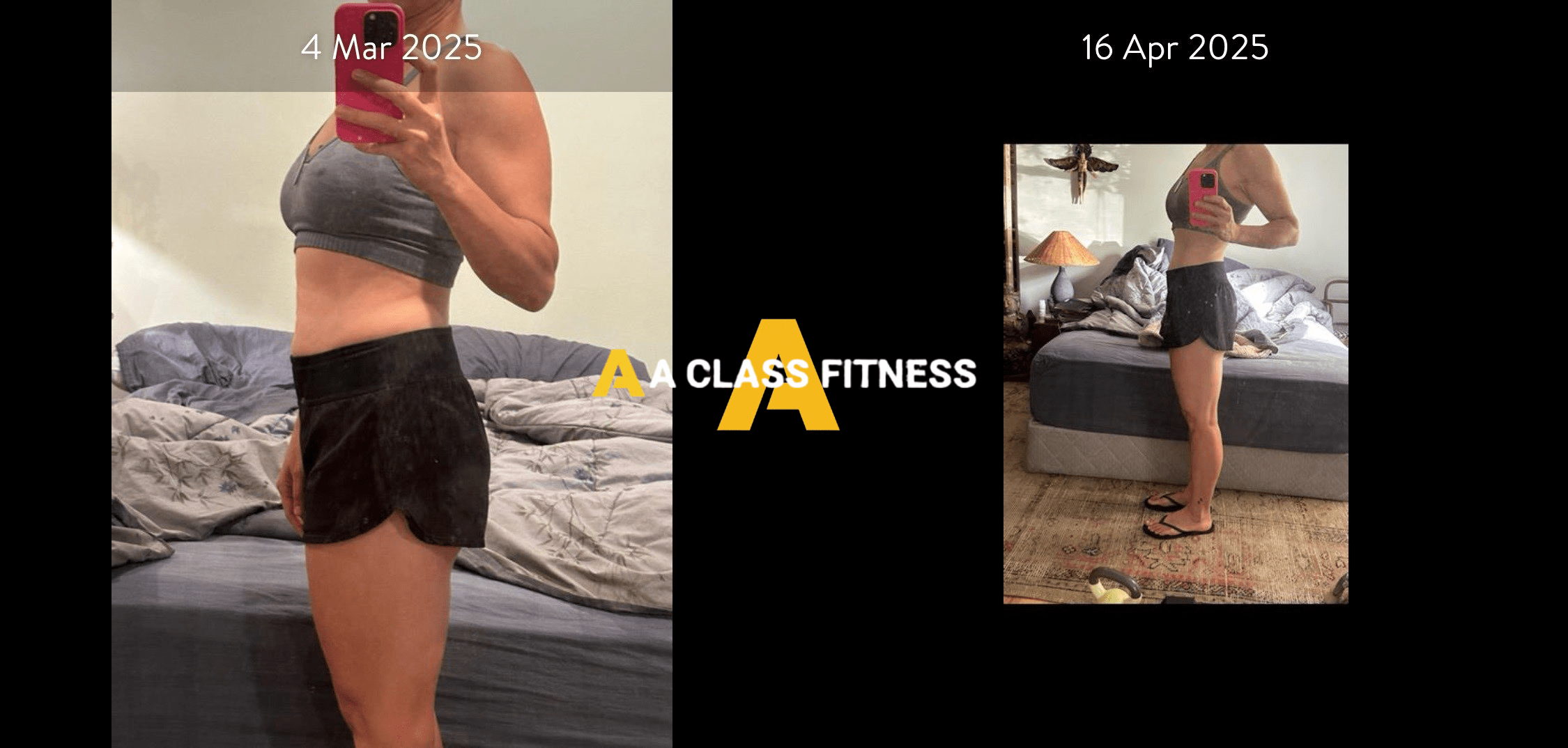 Female online personal training before and after photos of a transformation thats around 1 month and 2 weeks and the client lost fat, around 8lbs. And gained a lot of muscle. The photo has the A-Class Fitness logo between both images. Client's left side is facing the camera.