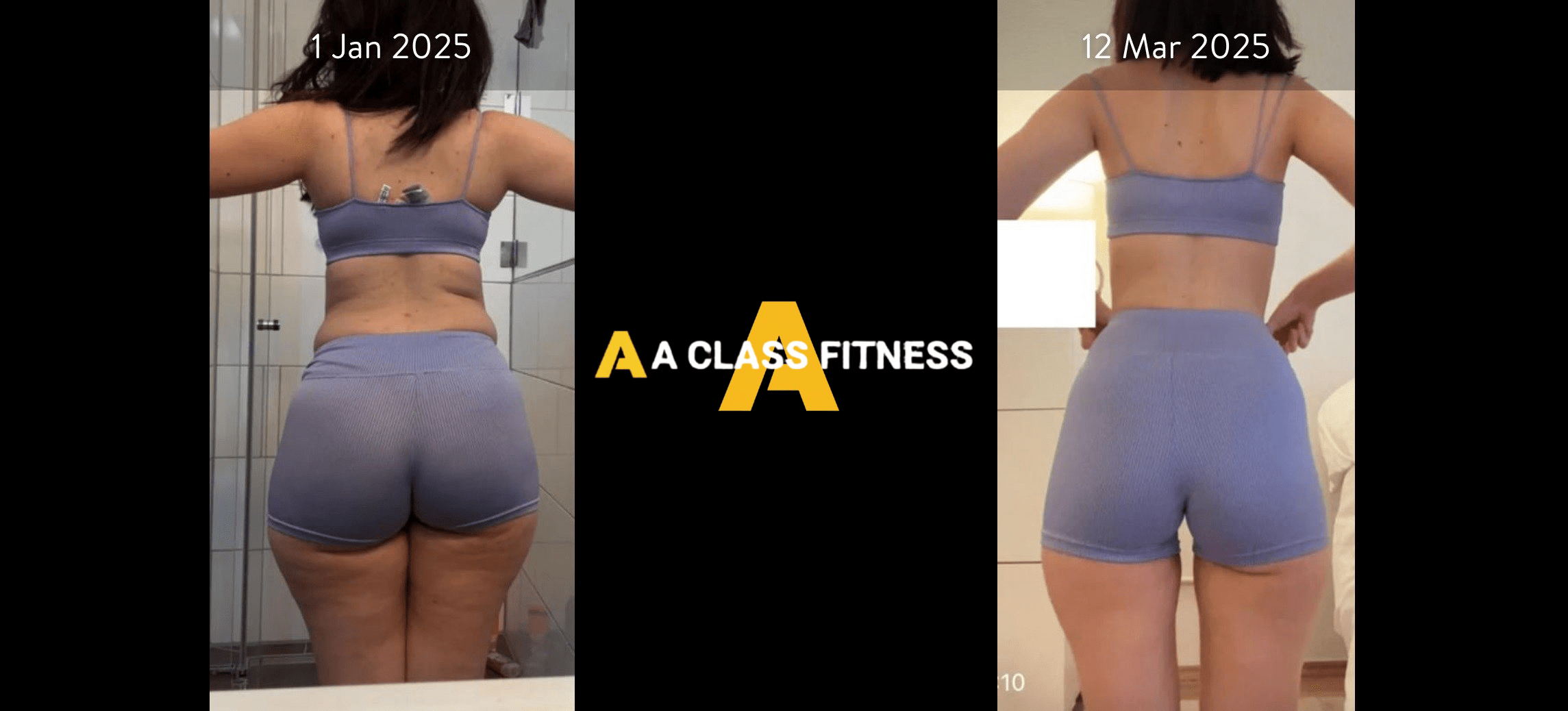 A-Class Fitness online personal training female client transformation. Client lost over 18lbs in 2 months using the mobile fitness app for a-class fitness. The photo has the a-class fitness logo in the middle. It also has the client's start and end date at the top.