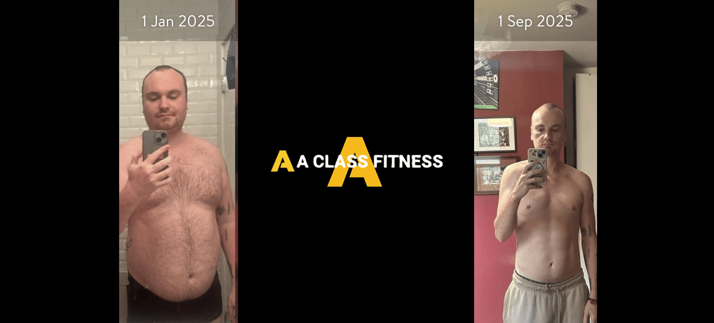A-Class Fitness online personal training male client transformation. Client lost over 40lbs in 8 months using the mobile fitness app for a-class fitness. The photo has the a-class fitness logo in the middle. It also has the client's start and end date at the top.