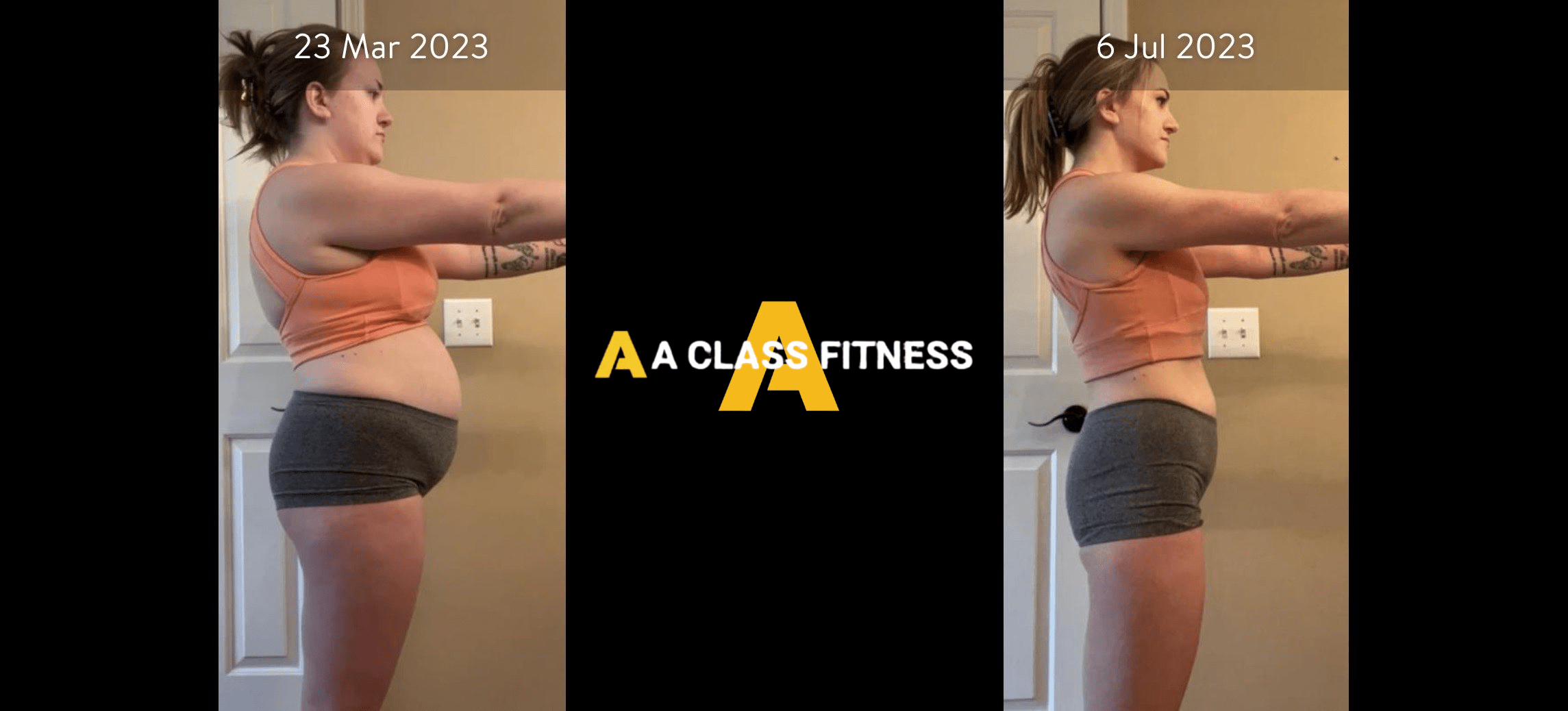 A-Class Fitness online personal training female client transformation. Client lost over 18lbs in 4 months using the mobile fitness app for a-class fitness. The photo has the a-class fitness logo in the middle. It also has the client's start and end date at the top.