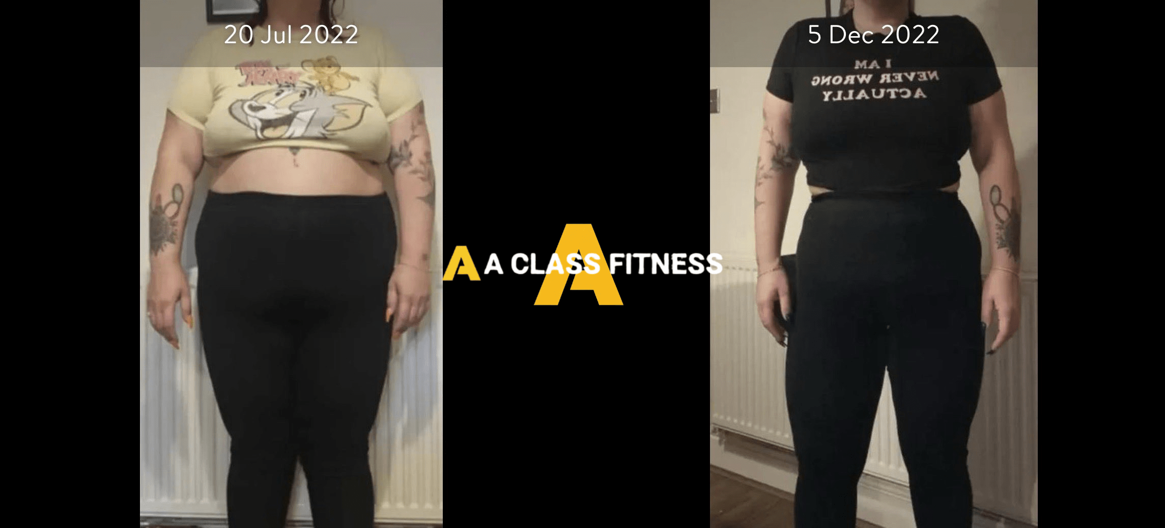 A-Class Fitness virtual personal training female client transformation. Client lost over 27lbs in 5 months using the mobile fitness app for a-class fitness. The photo has the a-class fitness logo in the middle. It also has the client's start and end date at the top.