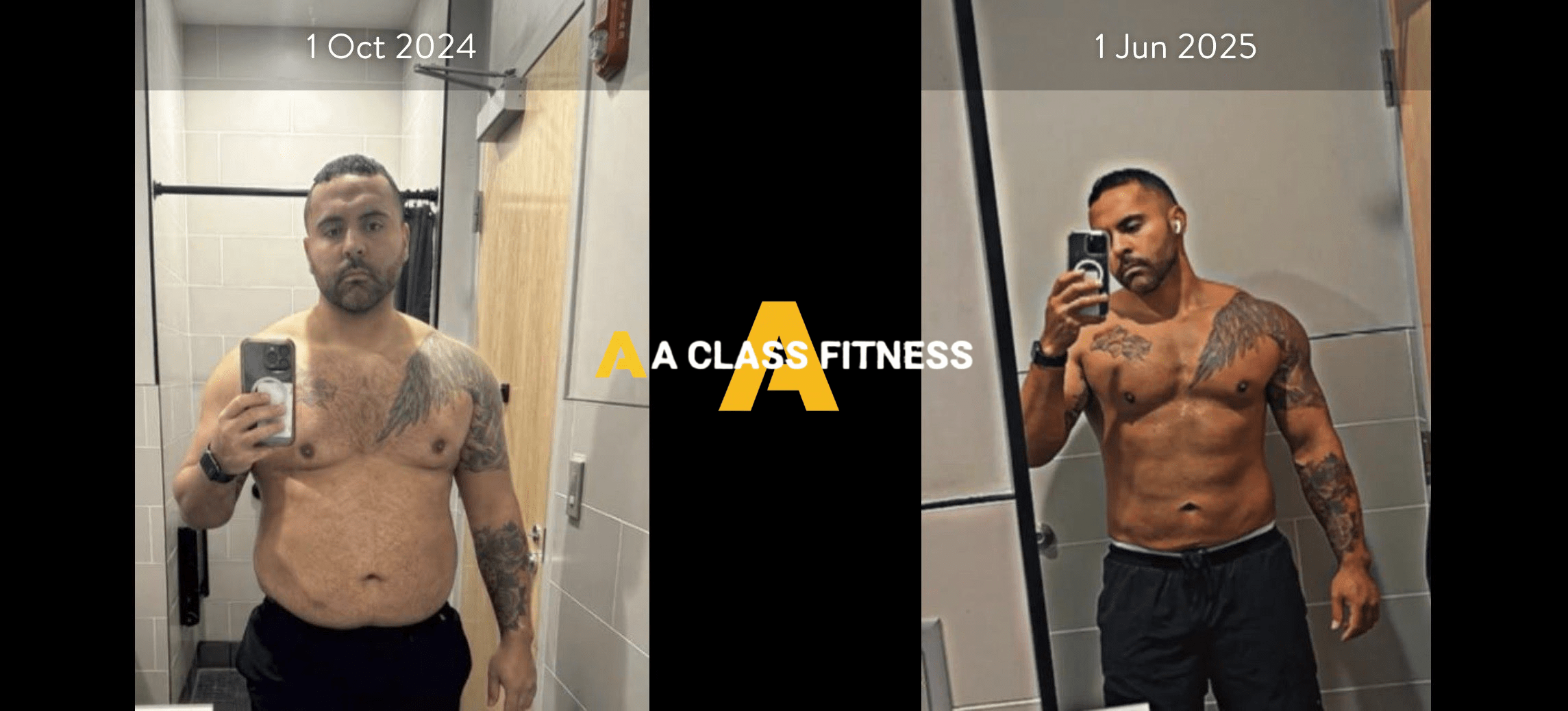 A-Class Fitness online personal training male client transformation. Client lost over 30lbs in 8 months using the mobile fitness app for a-class fitness. The photo has the a-class fitness logo in the middle. It also has the client's start and end date at the top.