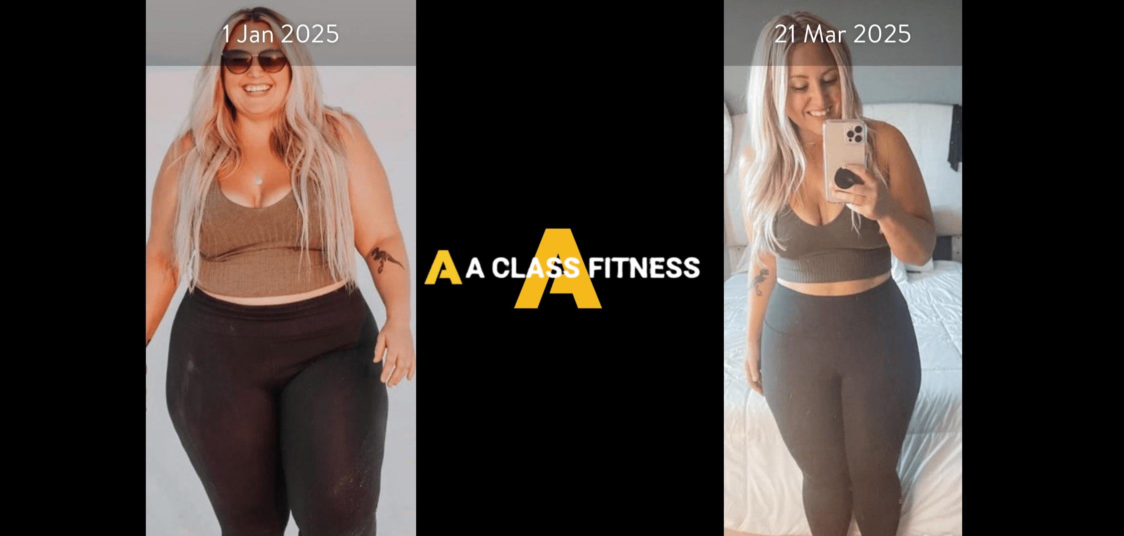 A-Class Fitness online personal training female client who lost around 30lbs in 3 months using the mobile fitness app for a-class fitness. The photo has the a-class fitness logo in the middle. It also has the client's start and end date at the top.