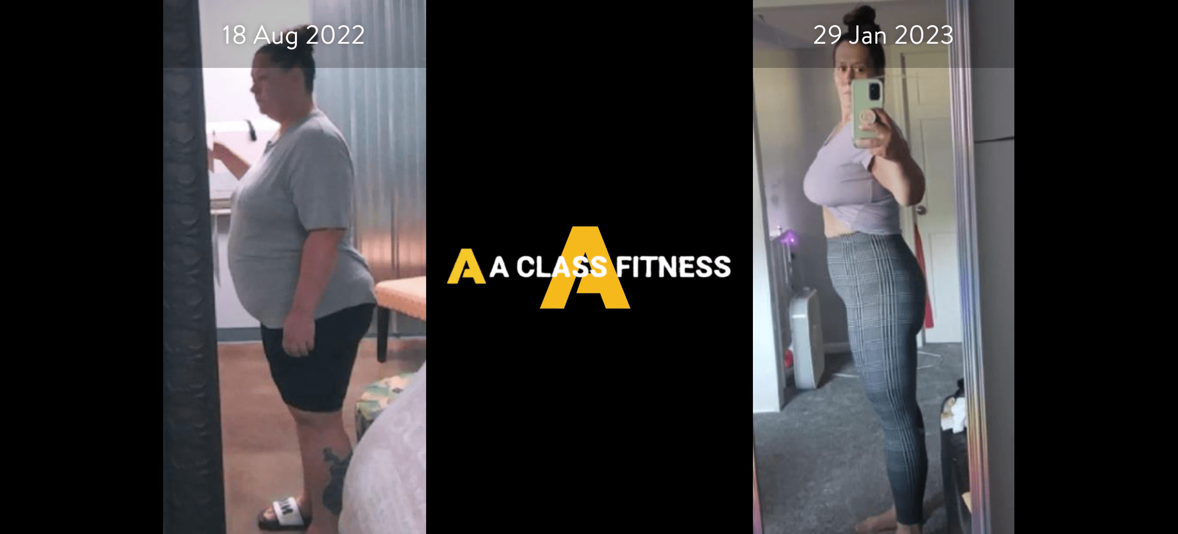 A-Class Fitness online personal training female client transformation. Client lost over 40lbs in 5 months using the mobile fitness app for a-class fitness. The photo has the a-class fitness logo in the middle. It also has the client's start and end date at the top.