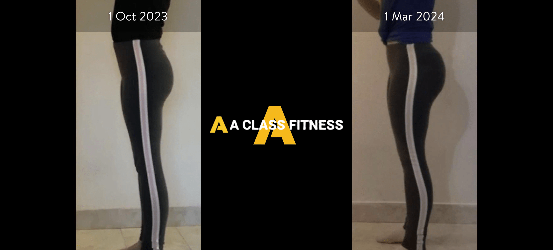 A-Class Fitness online personal training female client transformation. Client gained over 9lbs of booty muscle in 5 months using the mobile fitness app for a-class fitness. The photo has the a-class fitness logo in the middle. It also has the client's start and end date at the top.