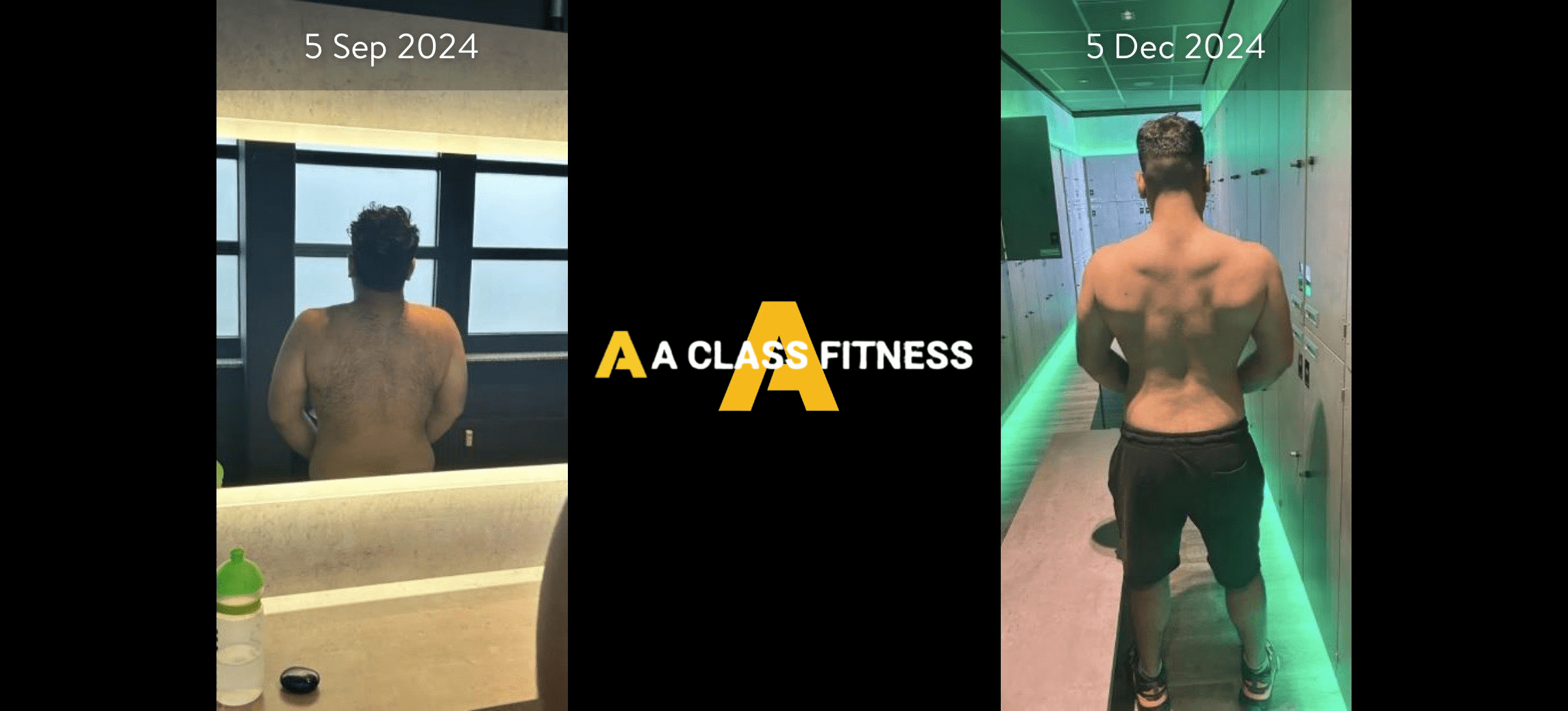 A-Class Fitness virtual personal training male client transformation. Client lost over 17lbs of fat in 3 months using the mobile fitness app for a-class fitness. The photo has the a-class fitness logo in the middle. It also has the client's start and end date at the top.