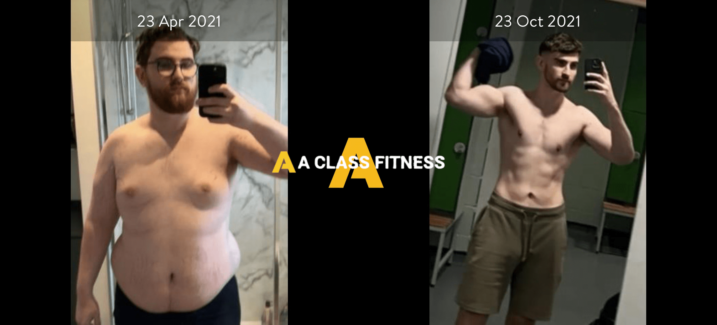 A-Class Fitness online personal training male client transformation. Client lost over 40lbs in 6 months using the mobile fitness app for a-class fitness. The photo has the a-class fitness logo in the middle. It also has the client's start and end date at the top.